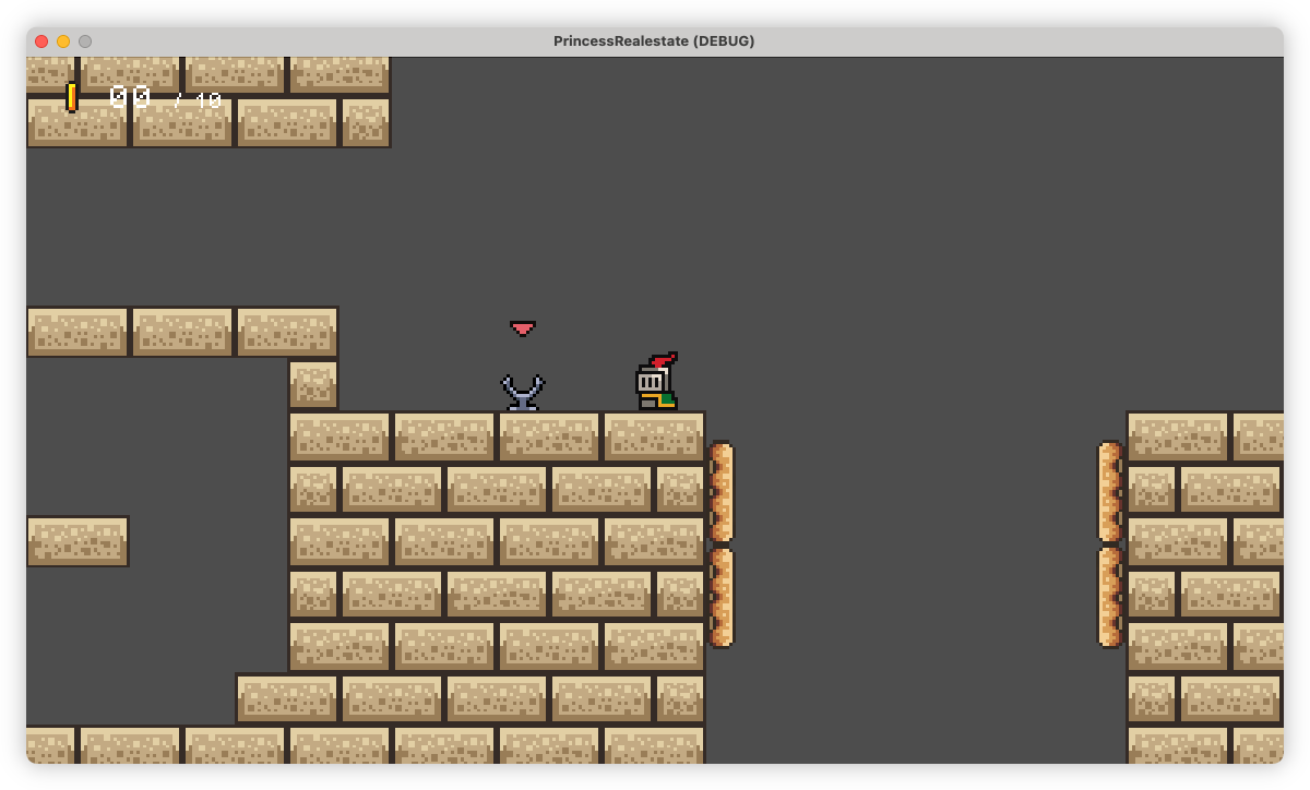 Auto-generated description: A pixelated character in knight armor stands on a brick platform with a gray background, part of a retro-style video game.