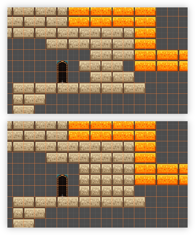 Auto-generated description: Two sections of a pixelated game map featuring stone walls, an arched door, and orange blocks resembling platforms.