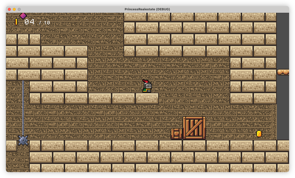 Auto-generated description: A pixelated video game scene features a character in knight armor navigating a stone brick environment with a wooden crate and a collectible item.