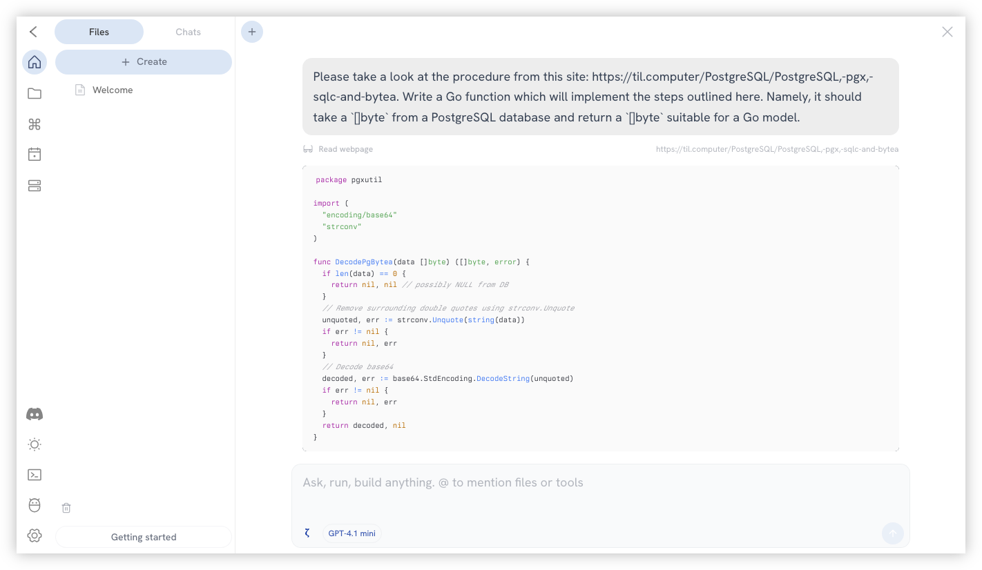 Auto-generated description: A computer screen displays a coding interface with a task description and a code editor, focusing on implementing a Go function related to a PostgreSQL database.