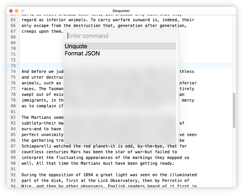 Auto-generated description: A text editor on a computer screen shows a command tool over a block of text, with options like Unquote and Format JSON.