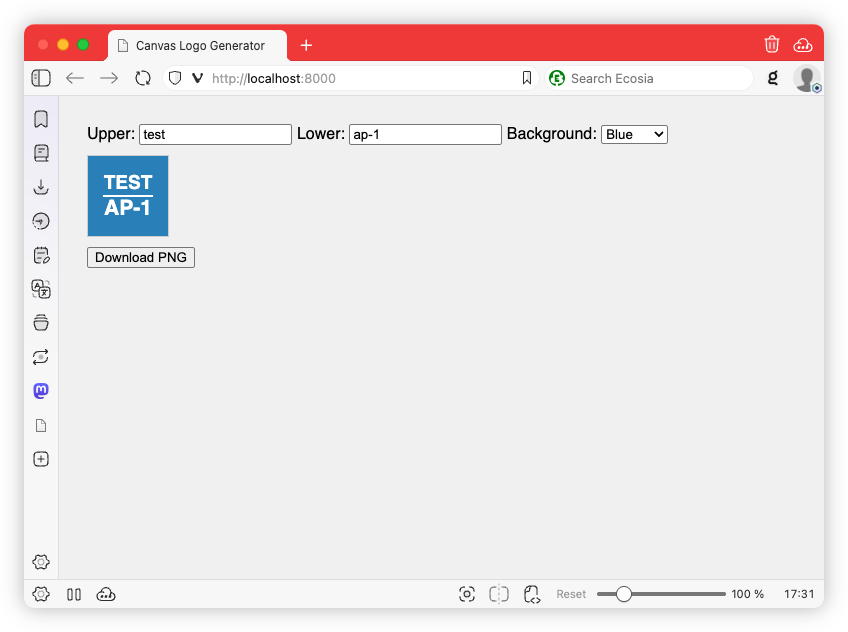 Auto-generated description: A browser window showcases a logo generator tool with a blue logo on the left labeled TEST AP-1 and options for customization above.