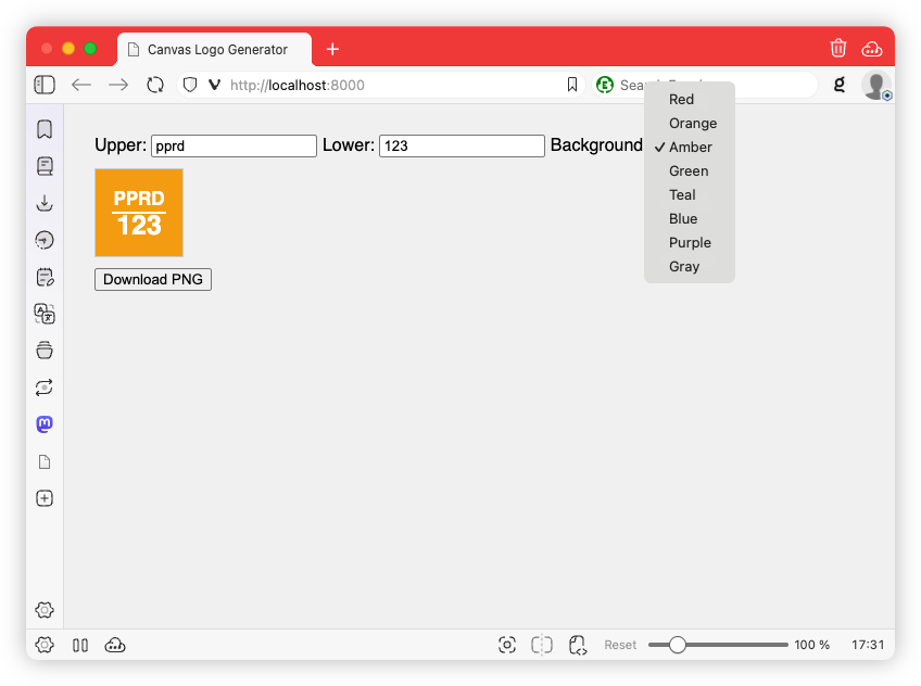 Auto-generated description: A logo design interface with fields for upper and lower text, a background color menu, and a Download PNG button is displayed in a browser window.