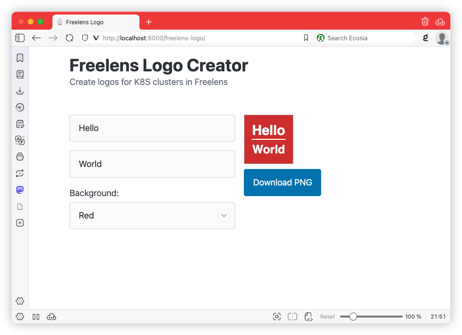 Auto-generated description: A logo creation interface is displayed with options to input text, select background color, and download a PNG file.