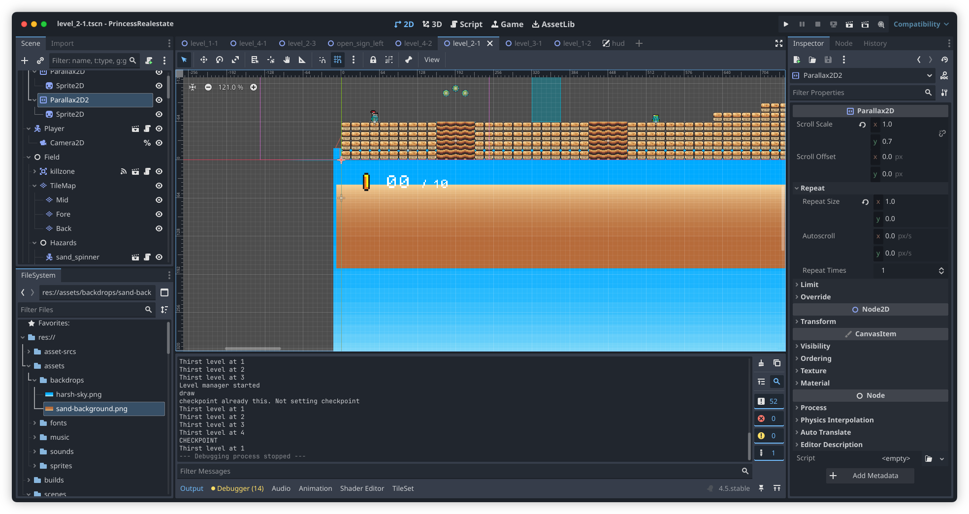 Auto-generated description: A game development interface is displayed, featuring a pixelated game scene with water and blocks being edited in an application, likely Godot Engine.