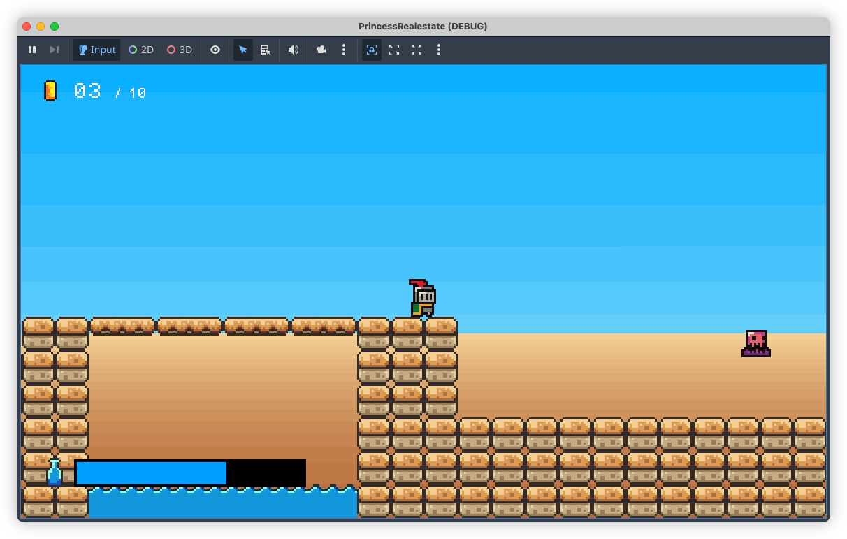 Auto-generated description: A retro-style video game features a knight-like character navigating a platform with a floating pink enemy and a water obstacle below.
