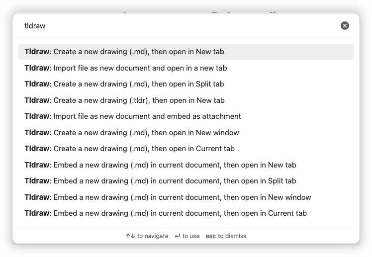 Auto-generated description: A dropdown menu lists various options for creating or importing drawings in tldraw.