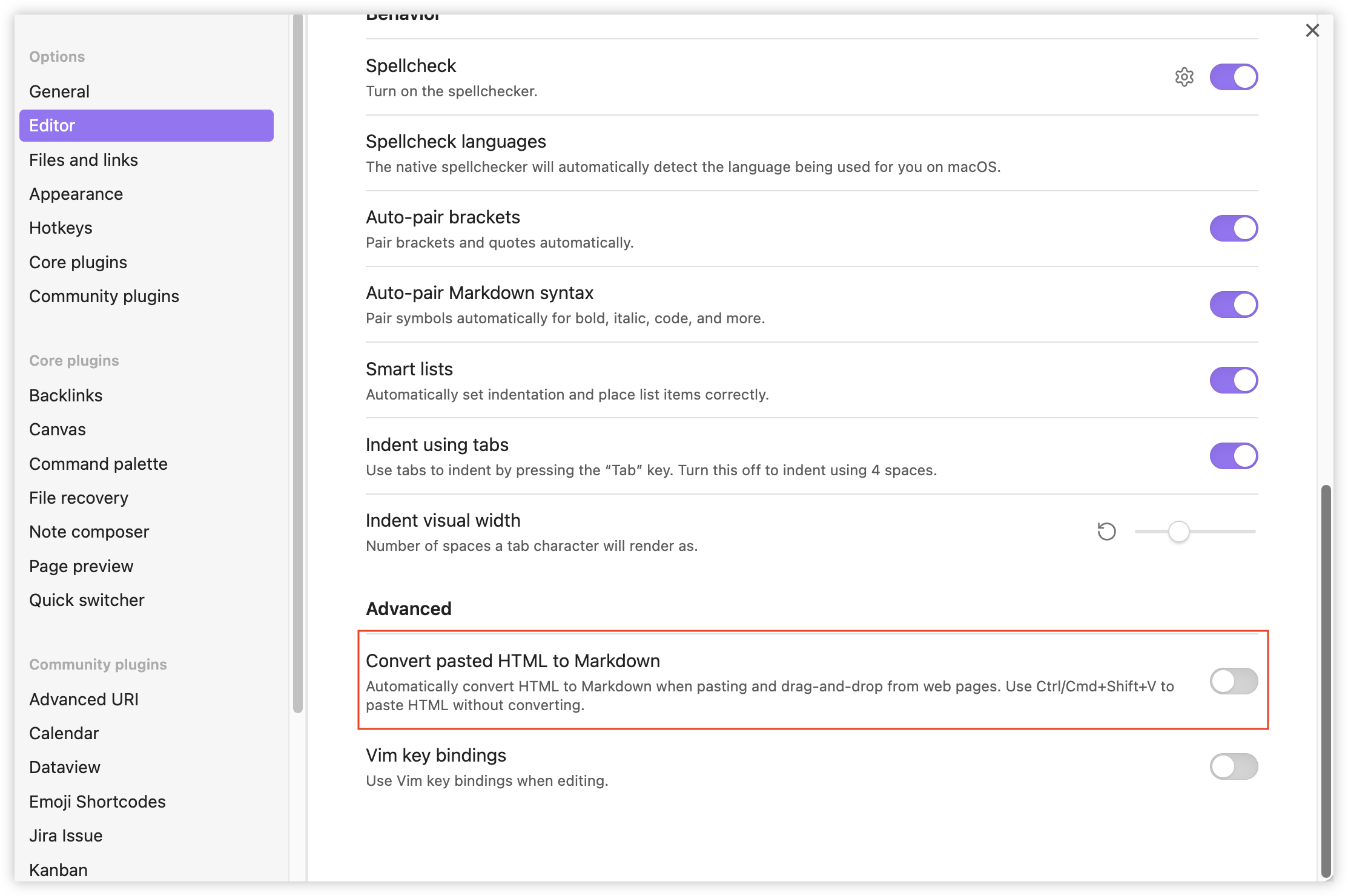 Auto-generated description: A settings panel displays various text editor options related to spellcheck, language preferences, and Markdown conversion features.