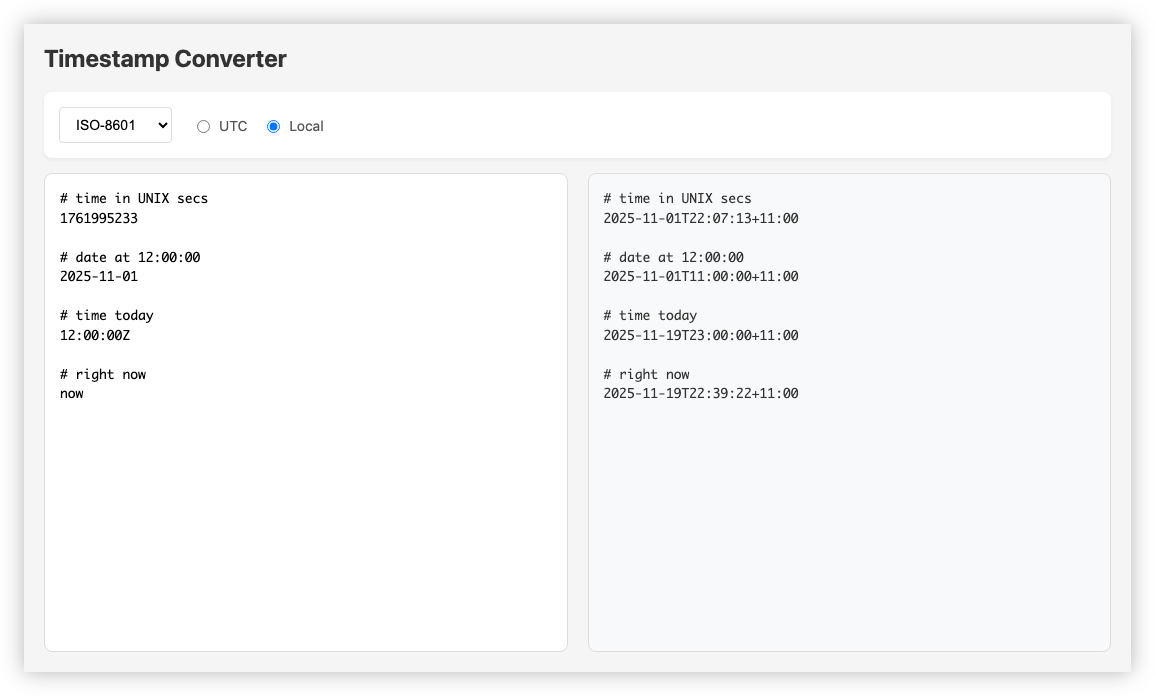 Auto-generated description: A timestamp converter interface displays UNIX time conversions for specified dates and the current time.