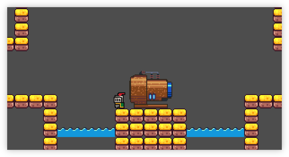 Auto-generated description: A pixelated knight stands next to a large, metal generator in a block-brick environment with blue water below.