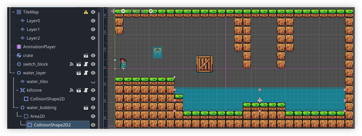 Auto-generated description: A 2D platformer game editor displays a character, crates, water sections, and terrain blocks.