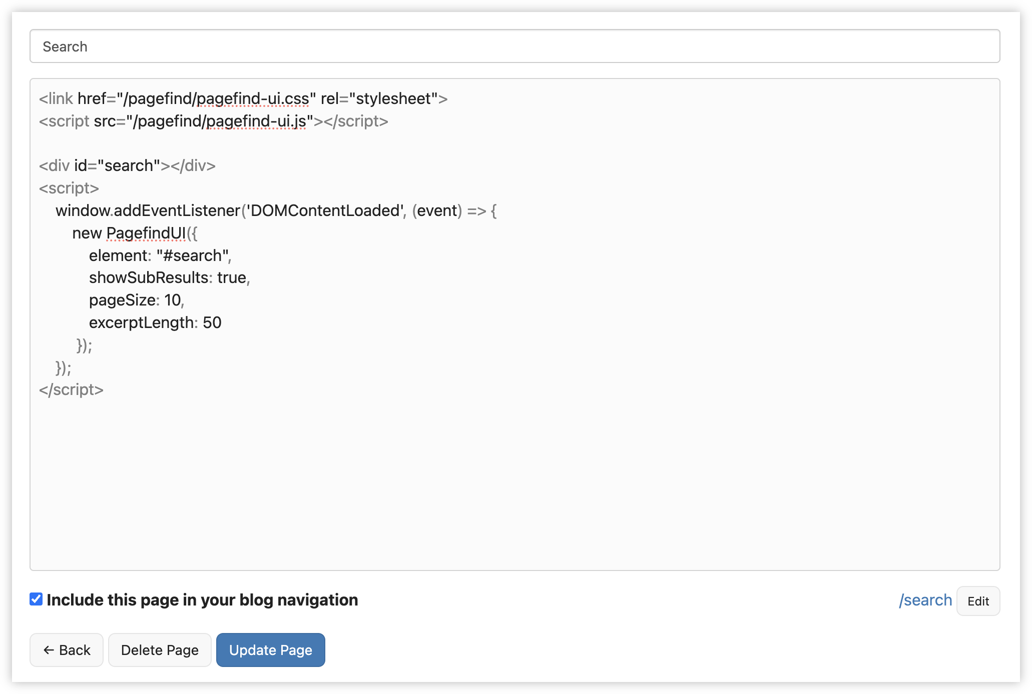 Auto-generated description: A code snippet featuring a search function and options to include the page in navigation, set page size, and excerpt length is displayed.