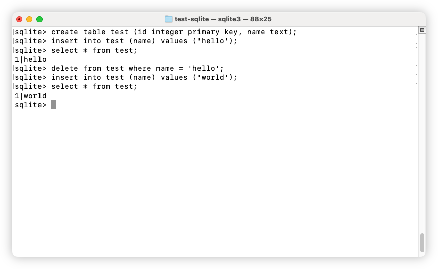 Auto-generated description: A terminal window displays SQLite commands and outputs, including creating and modifying a table with text values.