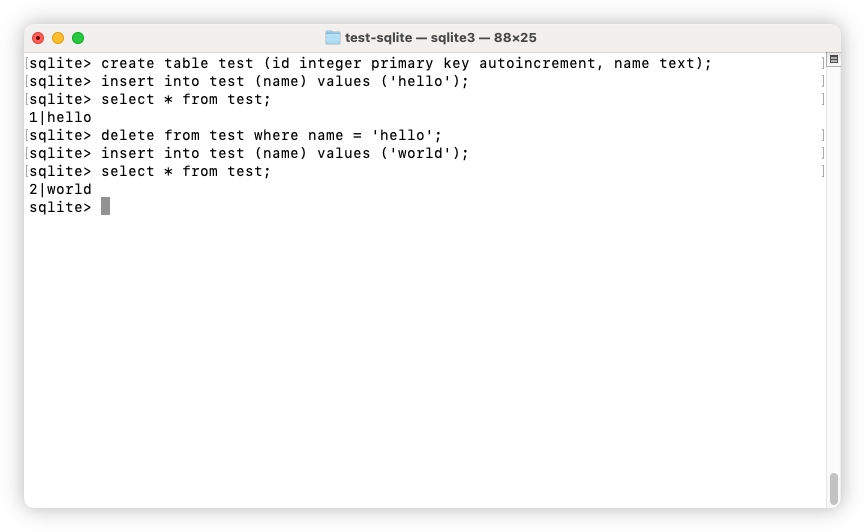 Auto-generated description: A terminal window displays commands and output illustrating the creation and modification of a test table in SQLite, including inserting and deleting rows.