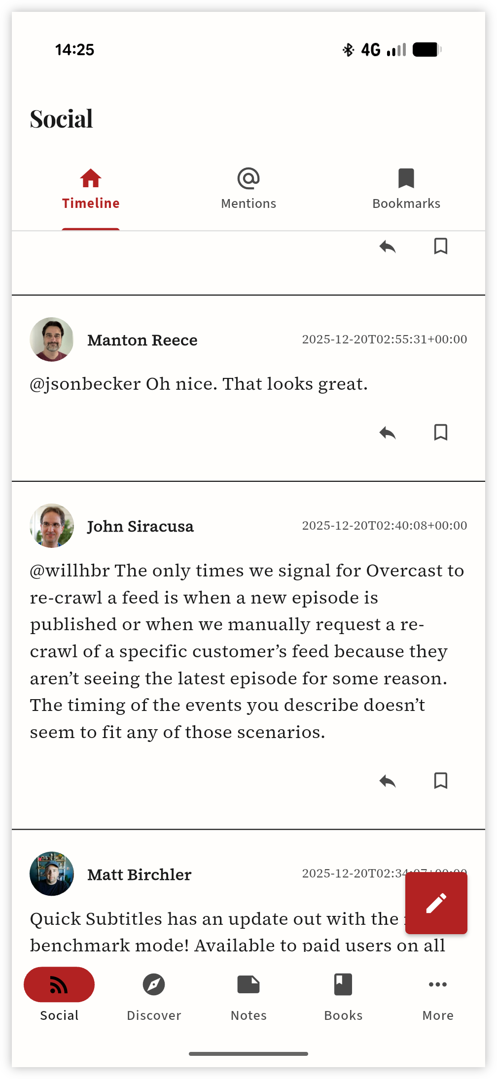 Auto-generated description: A social media app's timeline view displays two user comments and a status update about a podcast app update.