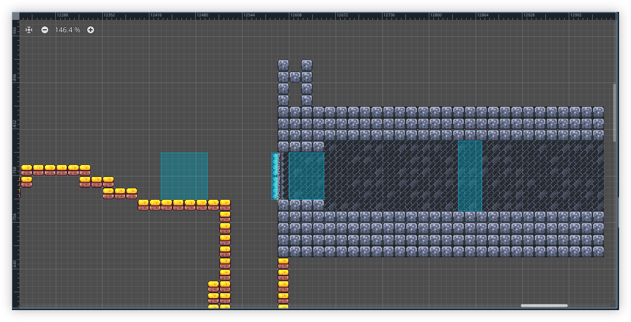 Auto-generated description: A 2D platformer game level with block structures, steps, and floating platforms.