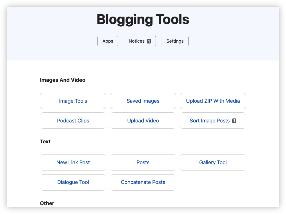 Auto-generated description: A menu interface displaying various blogging tools and options for managing images, videos, and text.