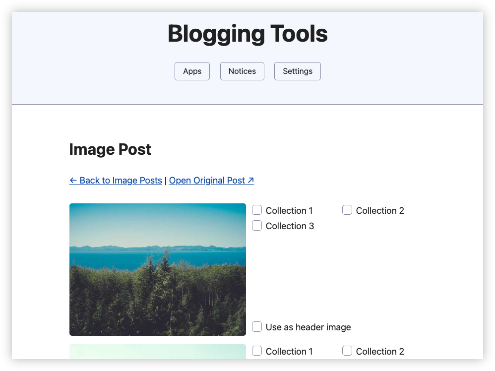 Auto-generated description: A web interface for blogging tools features options to categorize or set an image of a scenic landscape as a header.