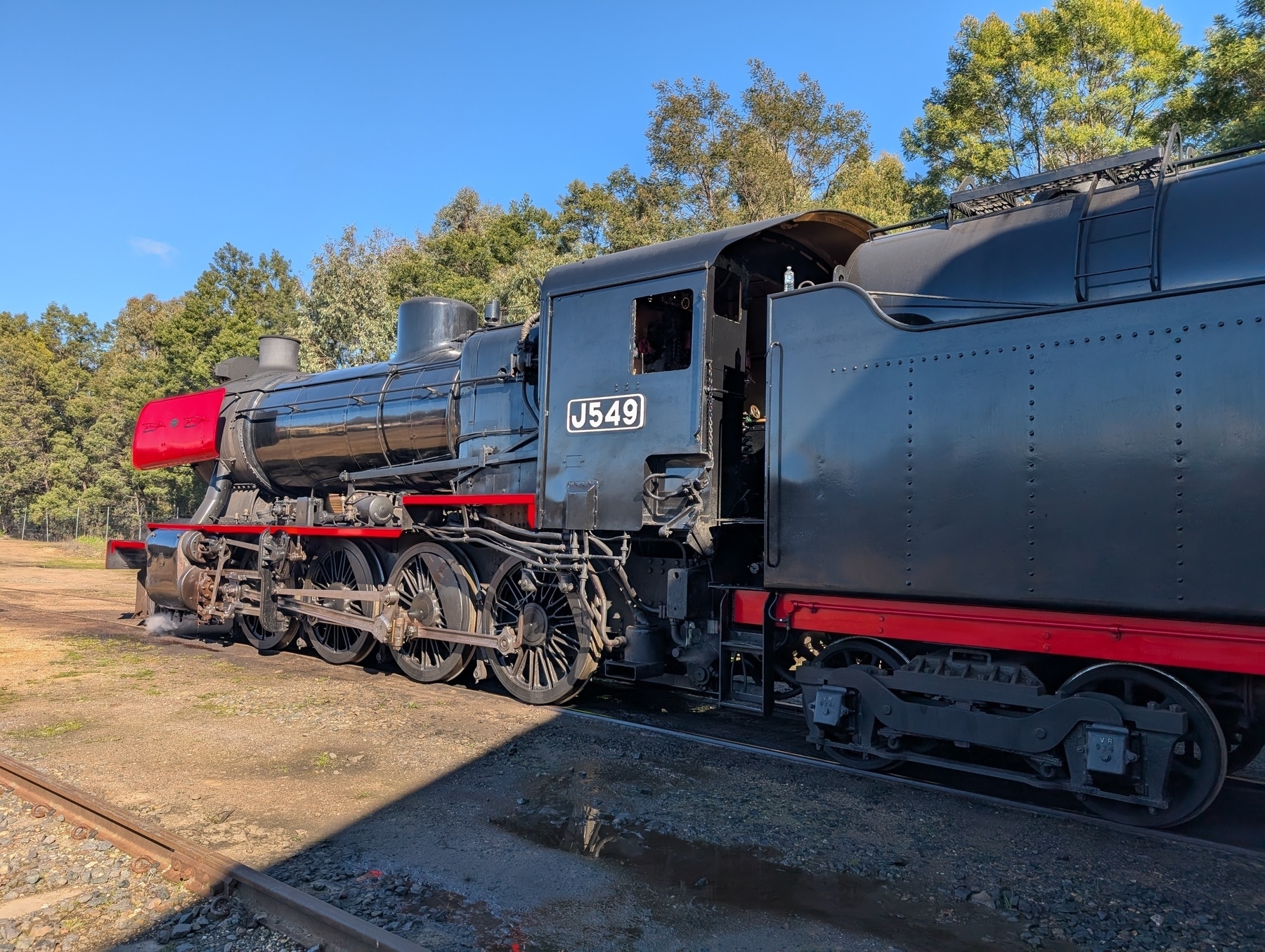 Auto-generated description: A vintage black steam locomotive with a red accent and the number J549 is positioned on railway tracks, surrounded by trees under a blue sky.