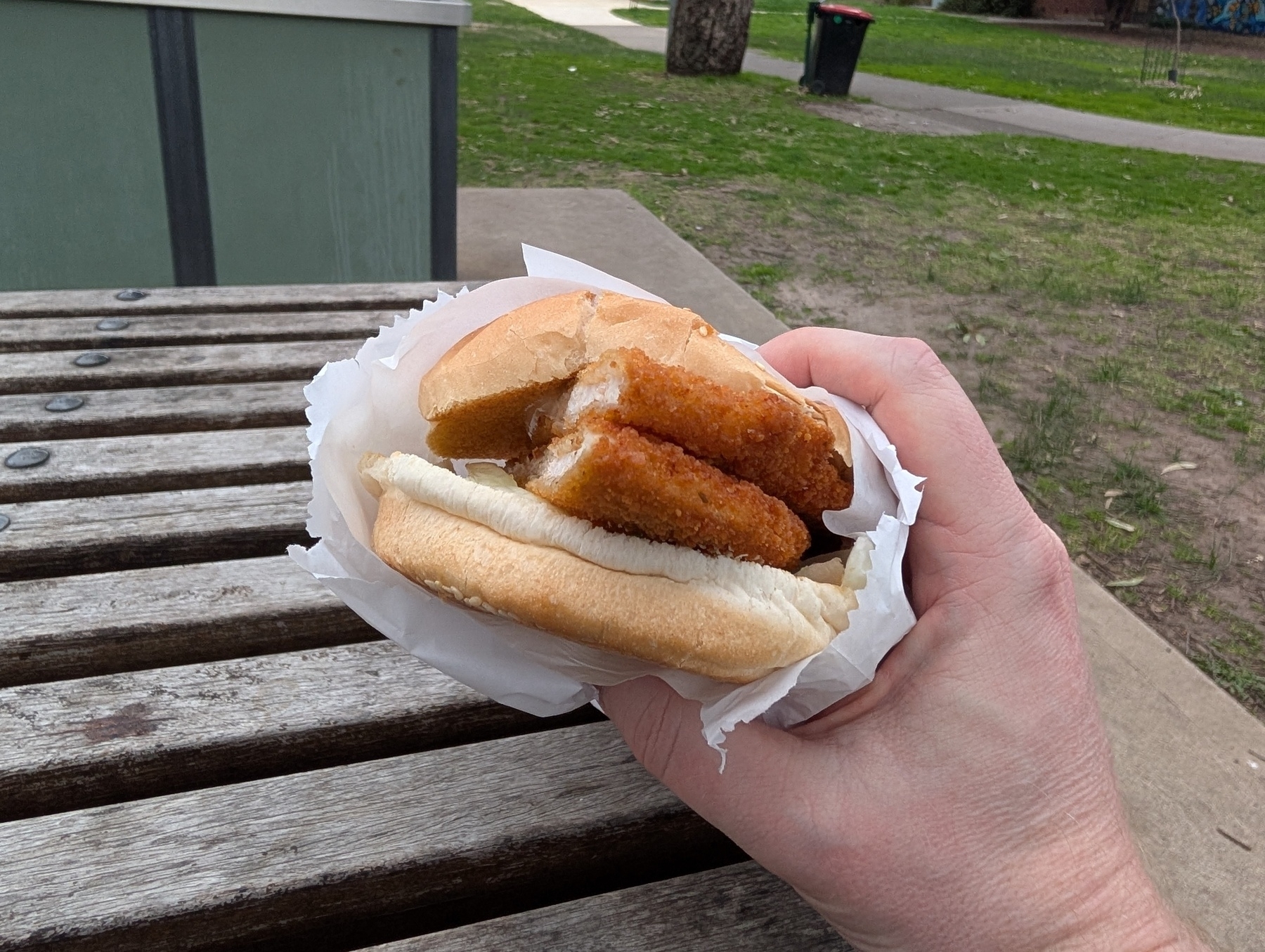 A hand is holding a chicken schnitzel burger wrapped in paper, with a park setting in the background.