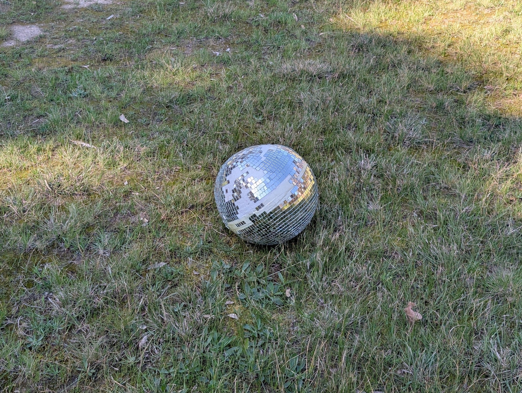 Auto-generated description: A reflective disco ball is lying on a grassy field.