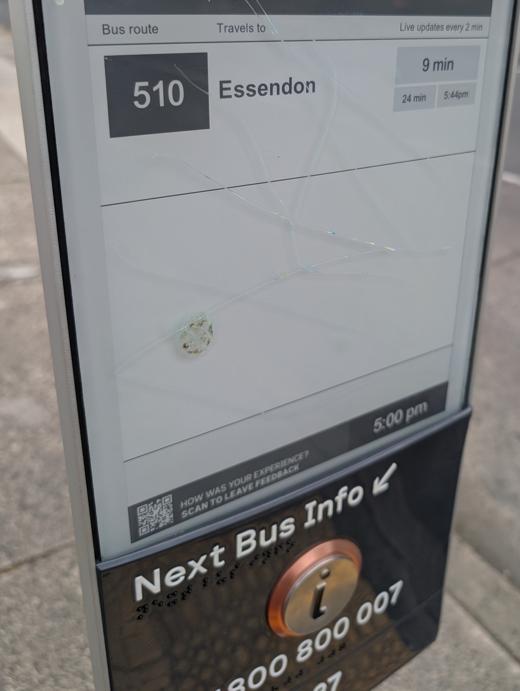 Auto-generated description: A bus stop display screen shows the arrival time for bus route 510 to Essendon, which is 9 minutes away.