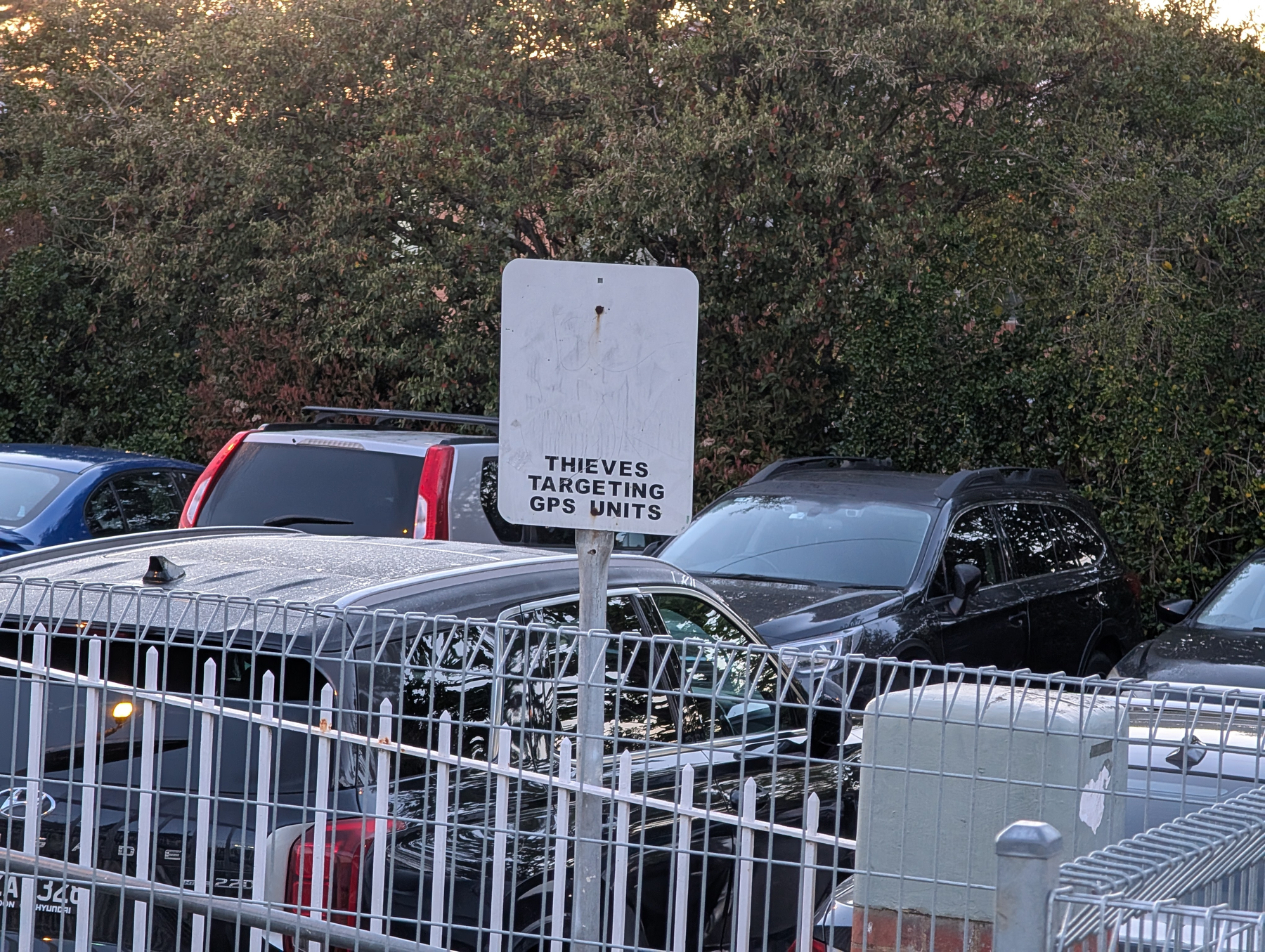 Auto-generated description: A sign warning about thieves targeting GPS units is displayed in a parking lot with several parked cars.