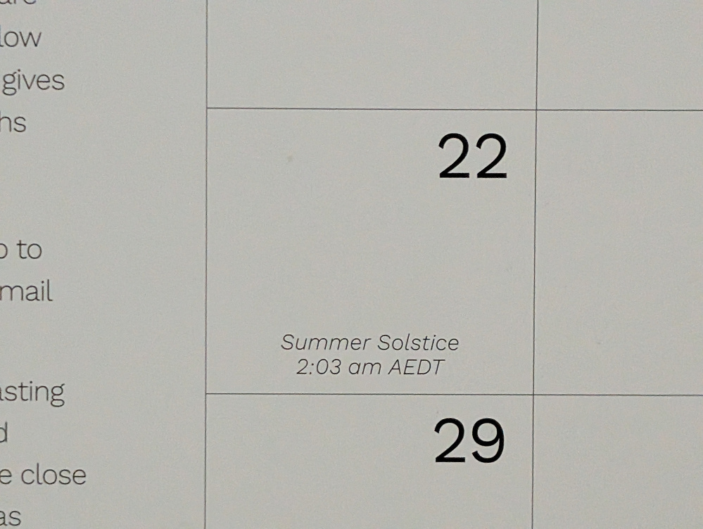 A calendar page highlights December 22 with a note about the summer solstice at 2:03 am AEDT.