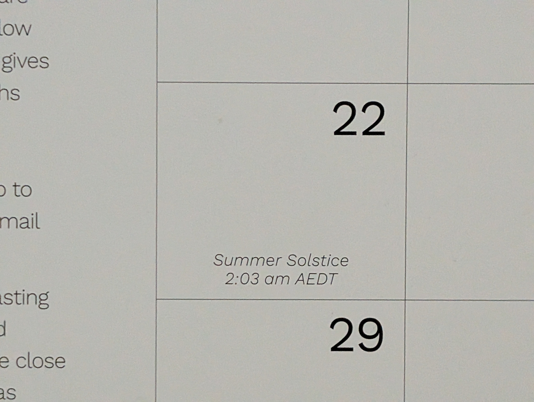 A calendar page highlights December 22 with a note about the summer solstice at 2:03 am AEDT.