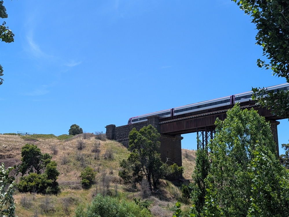 A train travels across a tall bridge amidst a scenic landscape with trees and a clear blue sky.