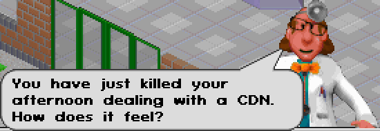 A cartoonish doctor character with a stethoscope mirror on their head speaks, 'You have just killed your afternoon dealing with a CDN. How does it feel?' in a speech bubble.