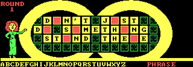 Auto-generated description: A retro-style Wheel of Fortune game screen shows the partially solved phrase DON'T JUST DO SOMETHING, STAND THERE with a cartoon hostess on the left.