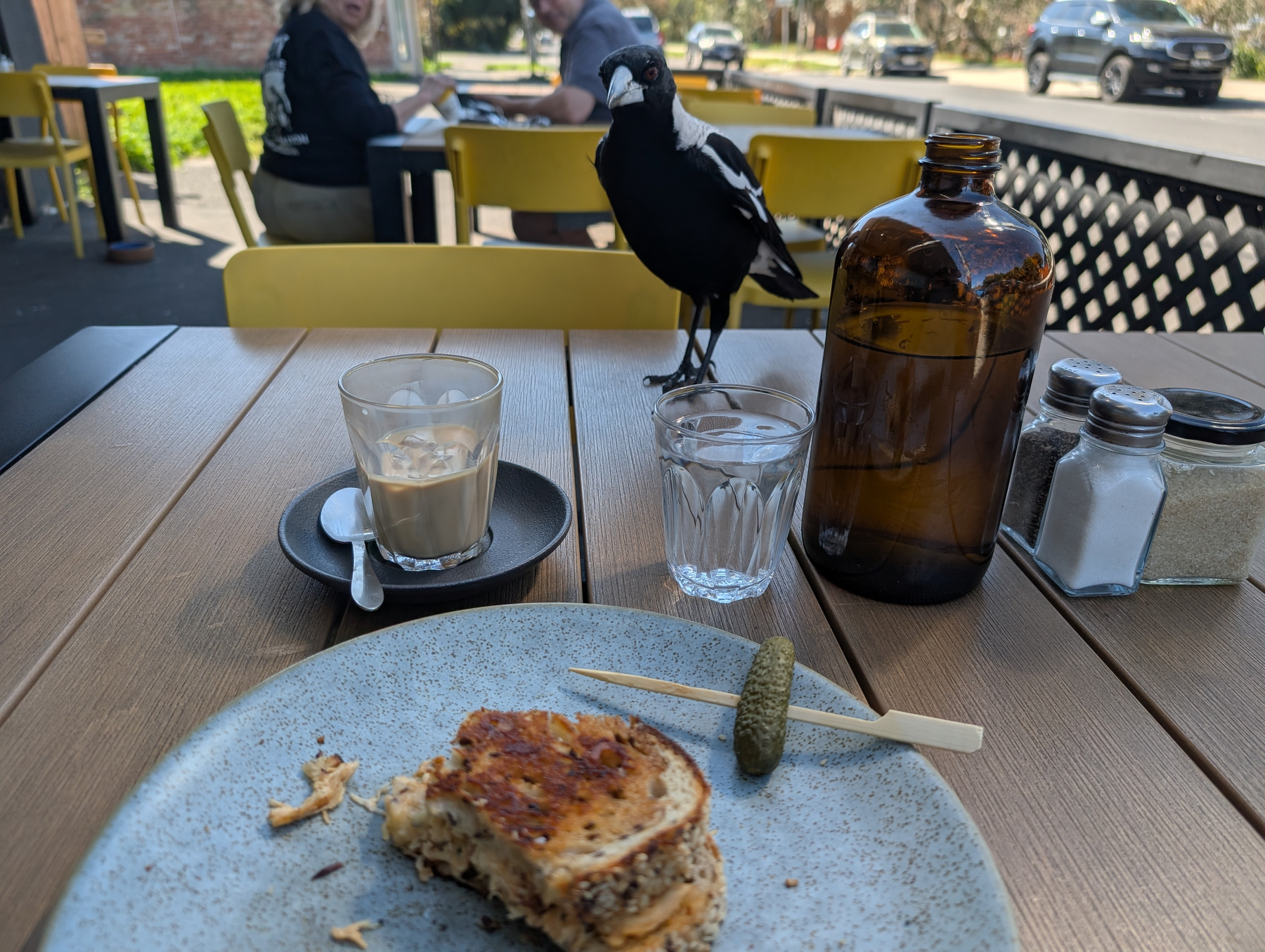 A magpie is perched on a yellow chair at an outdoor table with a partially eaten sandwich, a small pickle, a glass of water, a cup of coffee, and condiments.