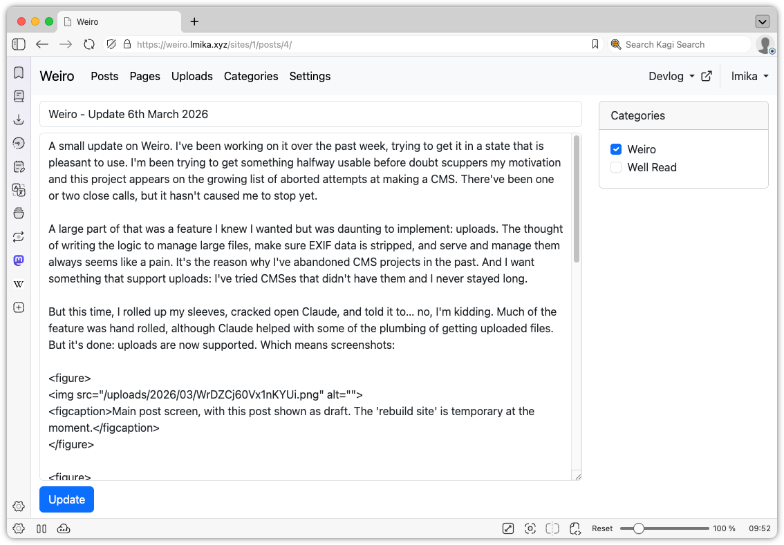 Auto-generated description: A blog post interface is displayed with a text editor on the left featuring a draft update, and categories on the right labeled Well Read.