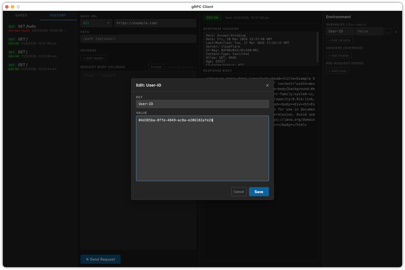 Auto-generated description: A user interface for a gRPC client is displayed, showing API request and environment settings with options to edit user ID information.