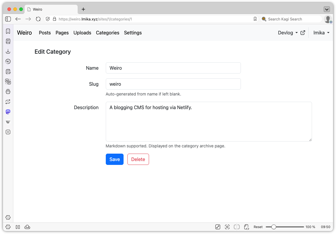 Auto-generated description: An online interface is displayed, showing fields to edit a category, including Name, Slug, and Description, with Save and Delete buttons.
