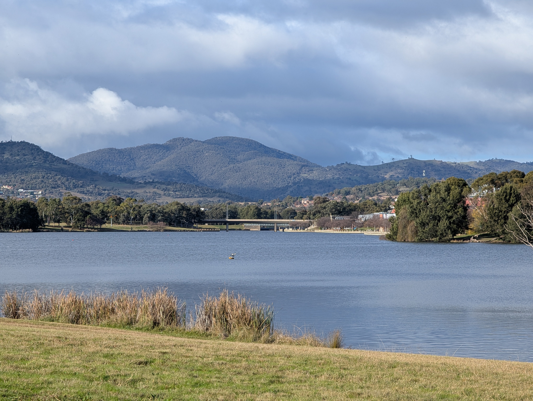 Auto-generated description: A calm lake bordered by grassy land and trees is set against a backdrop of gently rolling hills under a cloudy sky.