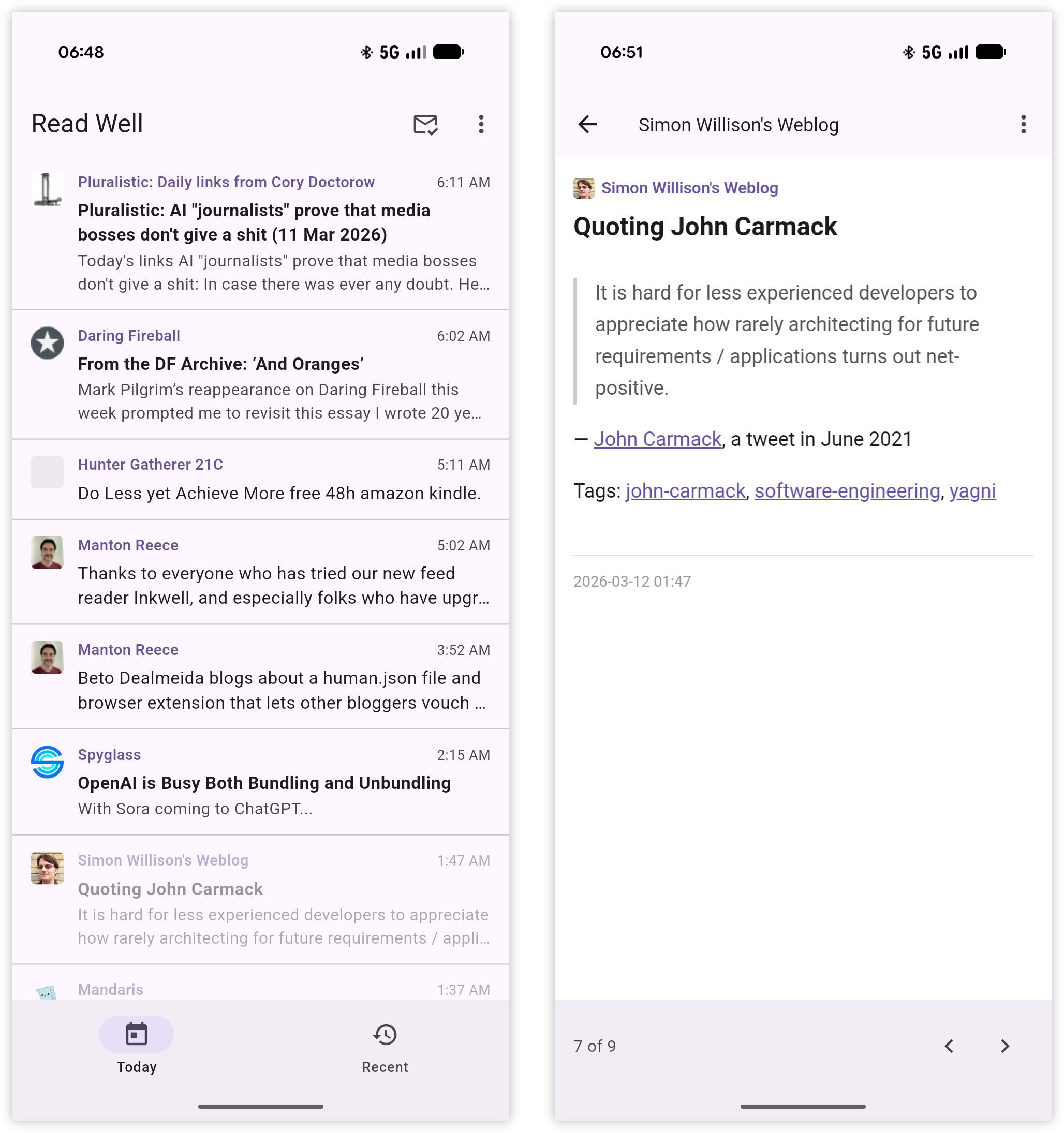 Auto-generated description: Two smartphone screenshots display a reading list with articles and a detailed view of a specific article quoting John Carmack.