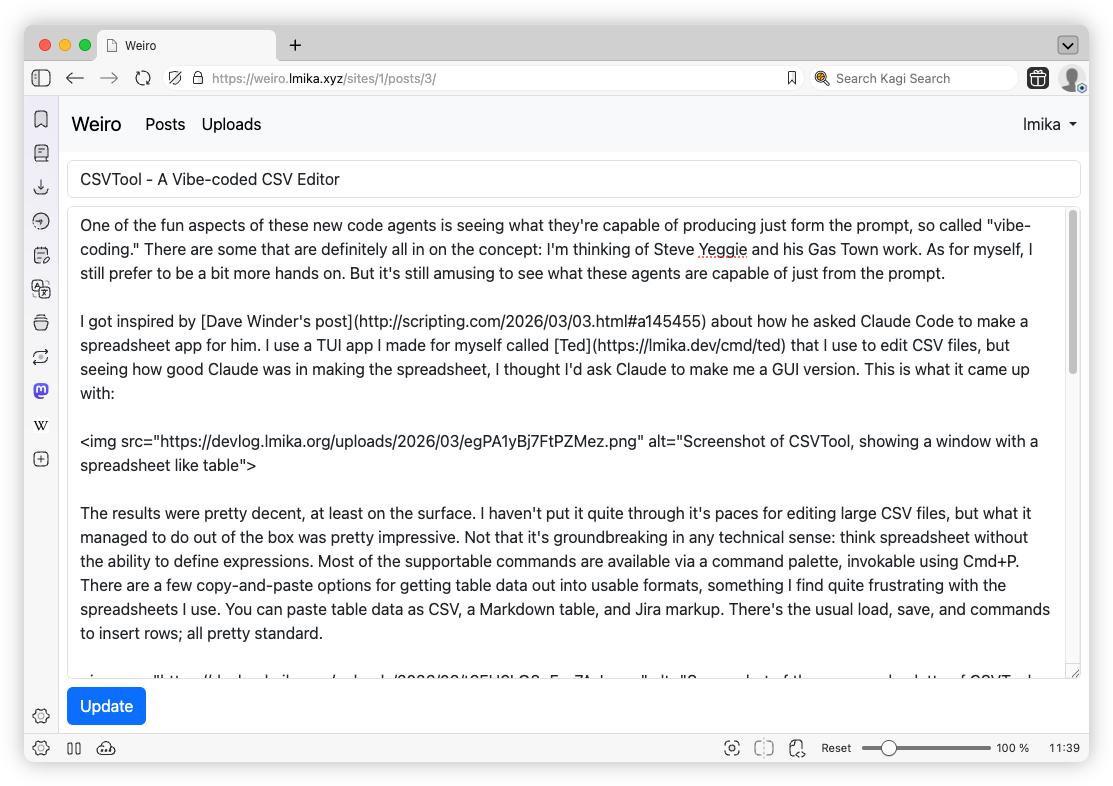 Auto-generated description: A webpage is displayed featuring a blog post about a CSV Editor, including links, text, and a screenshot of a CSV tool.