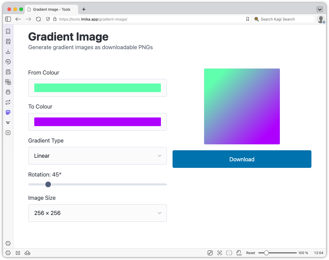 Auto-generated description: A gradient generation web page features a gradient preview, color selectors, gradient type options, rotation settings, image size dropdown, and a blue download button.