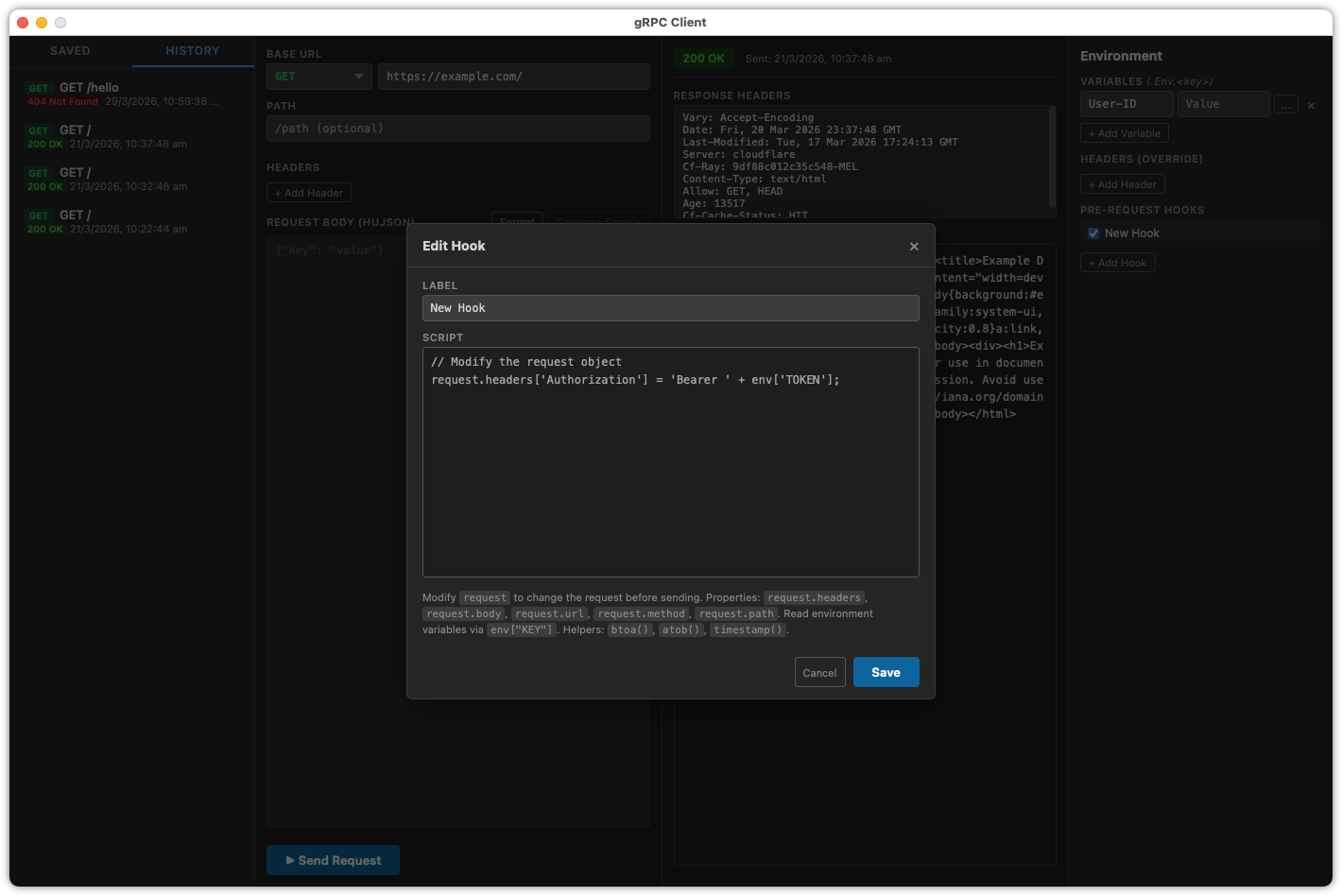 Auto-generated description: A user interface displays a gRPC client with a pop-up window for editing a hook script.