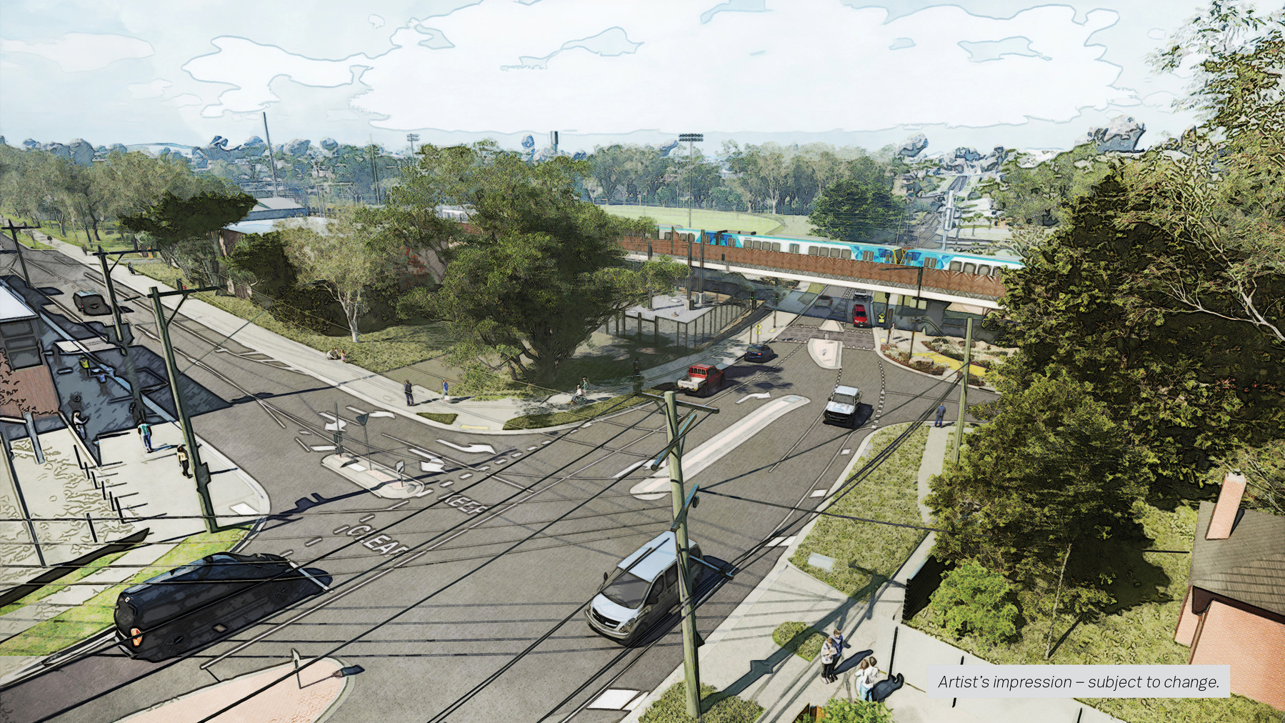 Auto-generated description: A street scene is depicted, showing cars on a road under a bridge with a train passing overhead, surrounded by greenery and buildings.