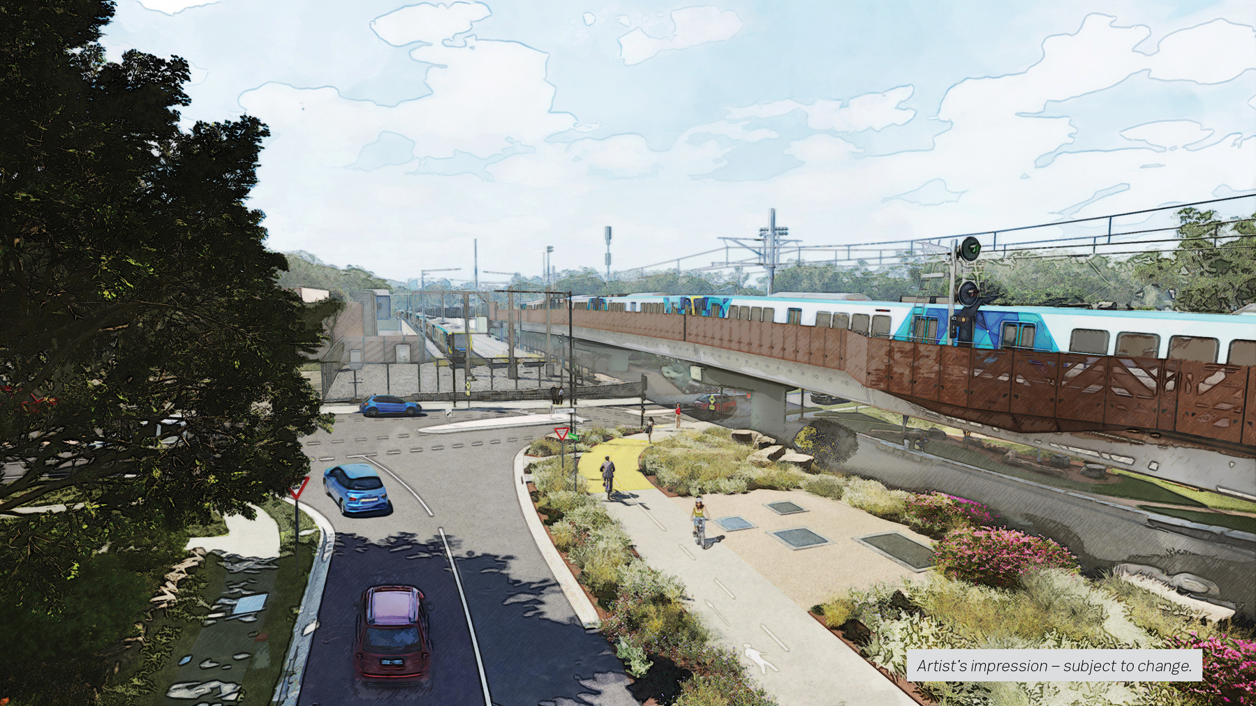 Auto-generated description: A train travels on an elevated track above a landscaped area beside a road with cars and pedestrians.