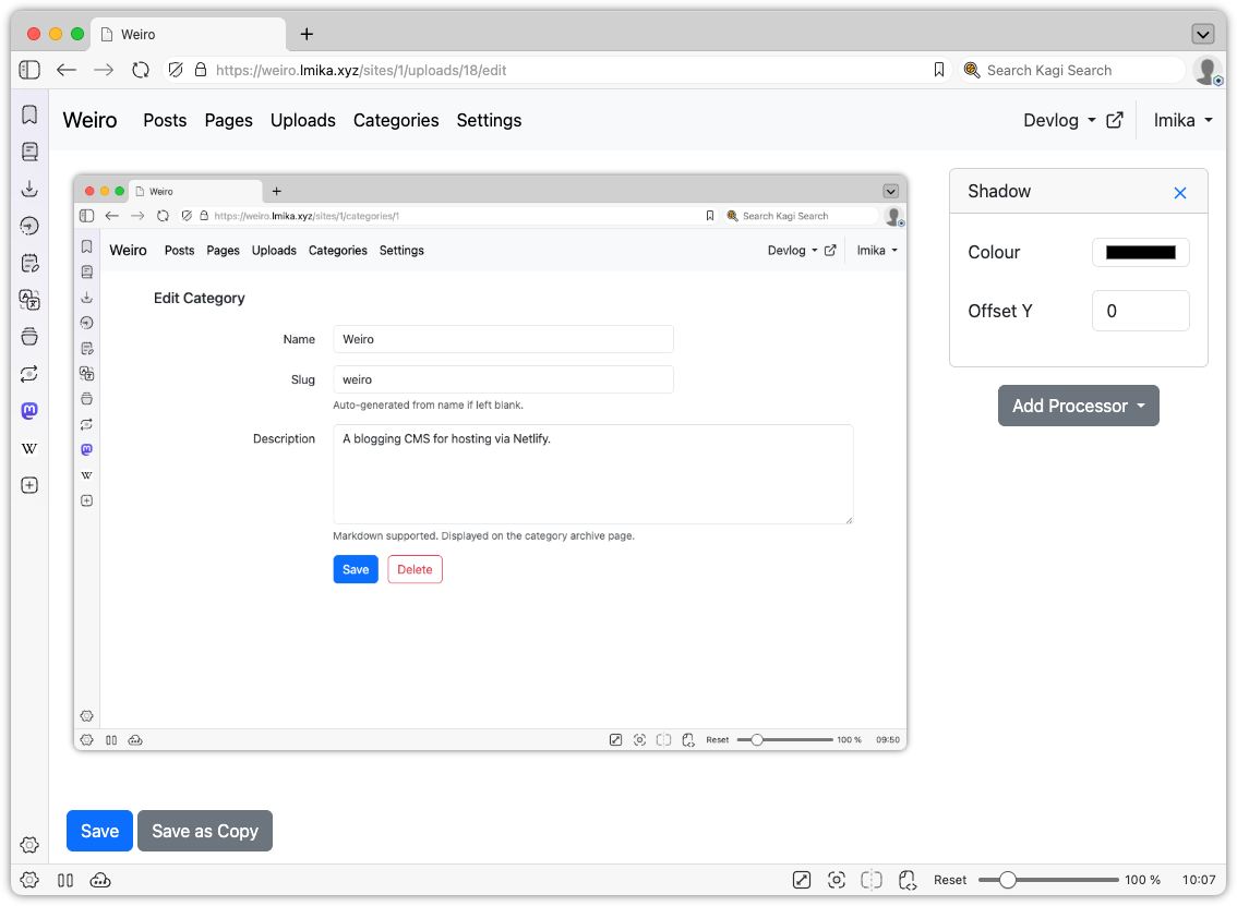 Auto-generated description: A web interface is displaying settings for editing a category in a blogging CMS.