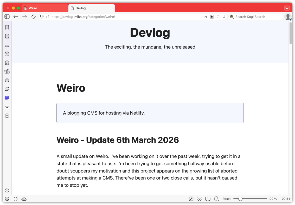 Auto-generated description: A webpage titled Devlog features a blog post about Weiro, a blogging CMS for hosting via Netlify, with an update dated 6th March 2026.
