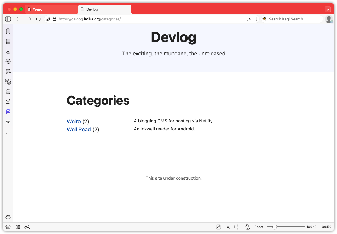 Auto-generated description: A webpage titled Devlog displays categories with links to Weiro and Well Read, indicating it's under construction.