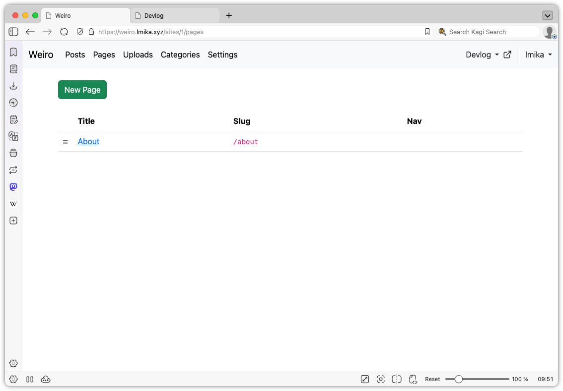 Auto-generated description: A webpage is displayed showing a simple layout with options for creating a new page and a table with columns labeled Title, Slug, and Nav.
