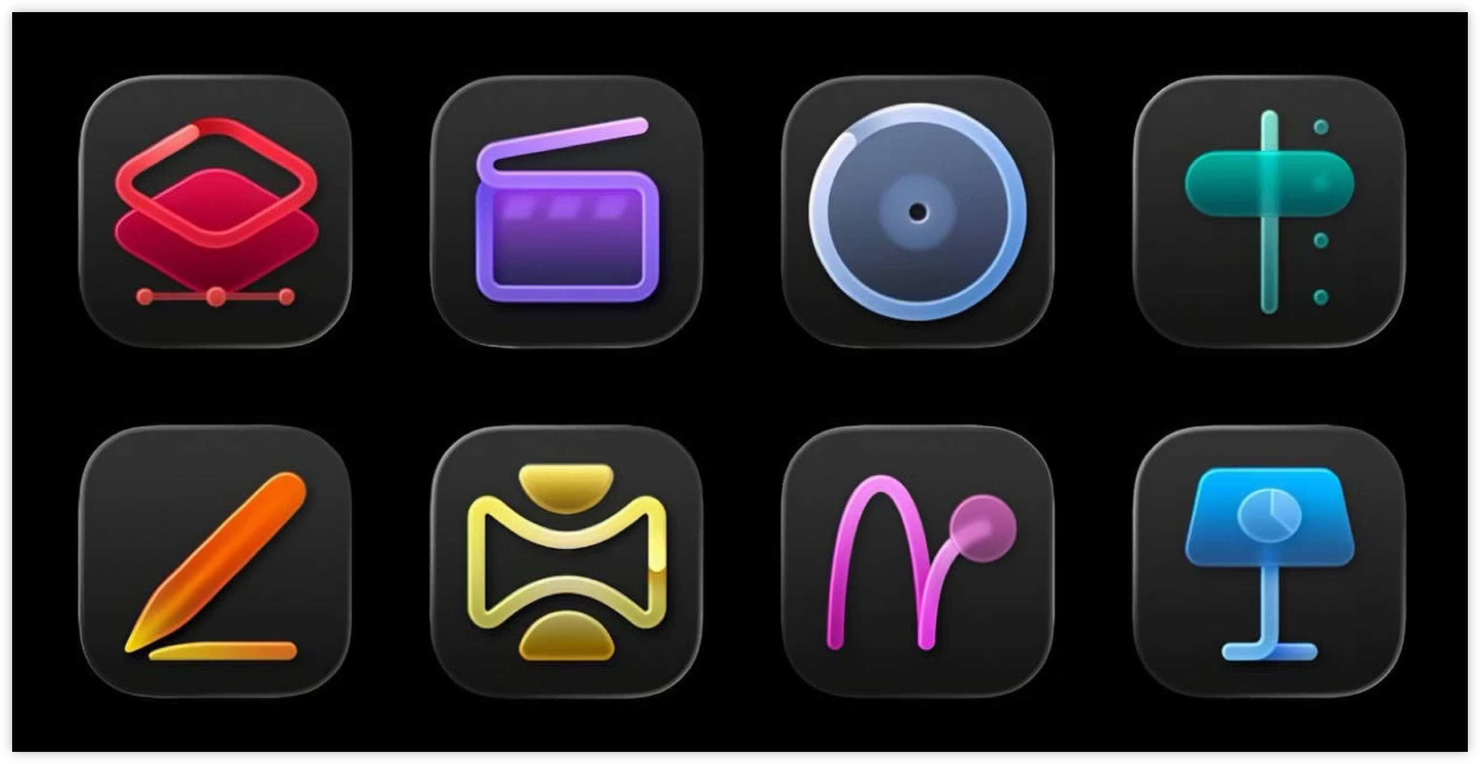 Auto-generated description: A set of eight colorful, stylized app icons with dark backgrounds, featuring various abstract designs.