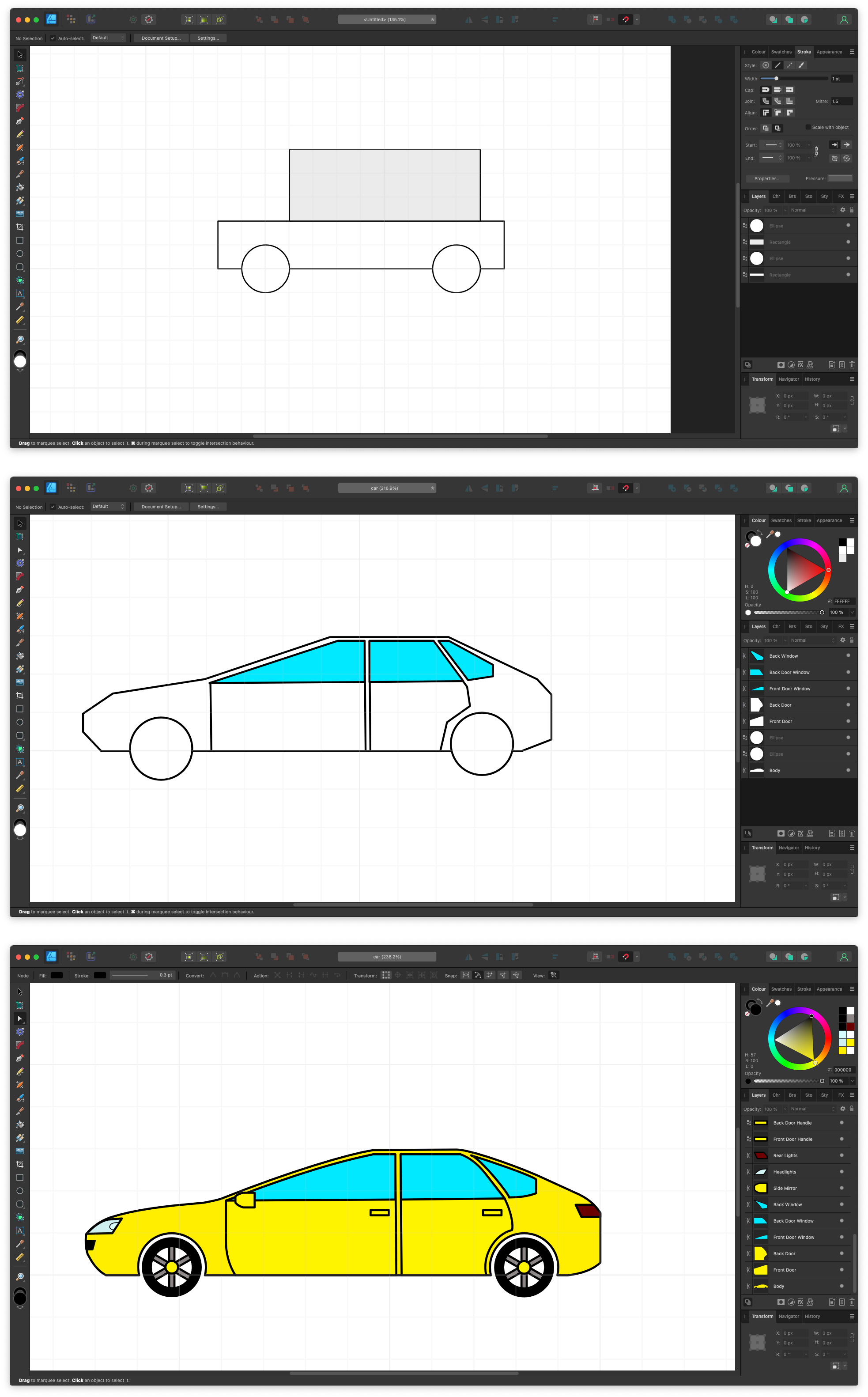Auto-generated description: A step-by-step illustration shows the transformation of a simple car sketch into a detailed, coloured car design using digital editing software.