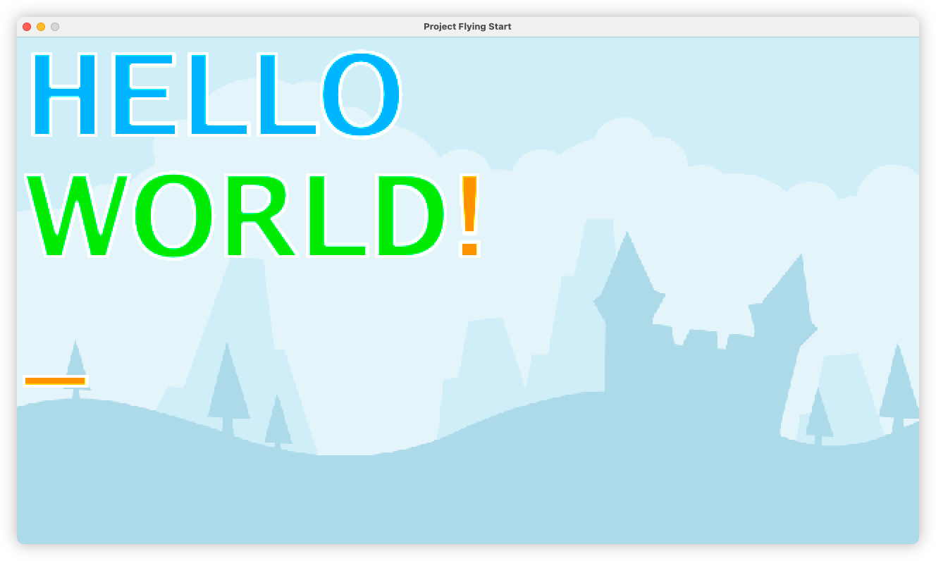 Auto-generated description: A digital screen displays the text HELLO WORLD! in colourful letters against a backdrop of silhouetted trees and buildings under a cloudy sky.